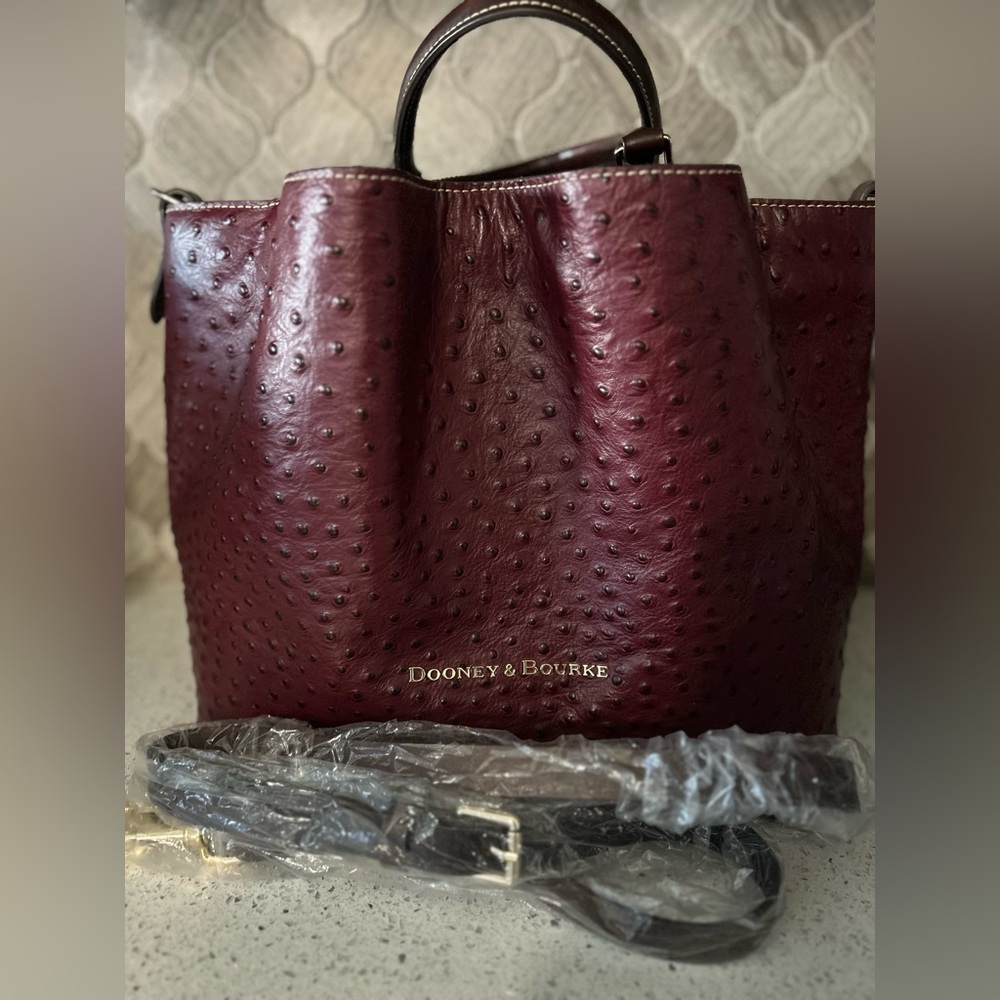 Dooney & Bourke Burgundy Ostrich Embossed Leather Large Barlow Satchel